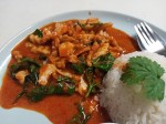 Red curry paste with fried young coconut and basil leaves served with rice Red curry paste with fried young coconut and basil leaves served with rice