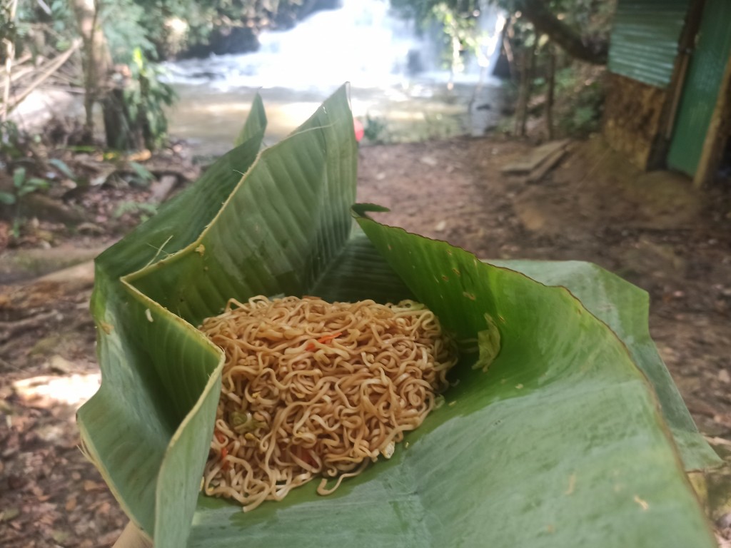 Lunch during the trekking in the Thai jungle - Fried instant noodles with tofu and vegetables Lunch during the trekking in the Thai jungle - Fried instant noodles with tofu and vegetables
